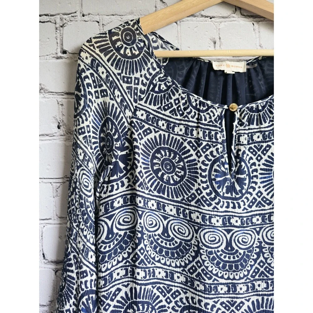 Tory Burch Silk Shell Navy Blue White Patterned Long Sleeve Button Accent Blouse